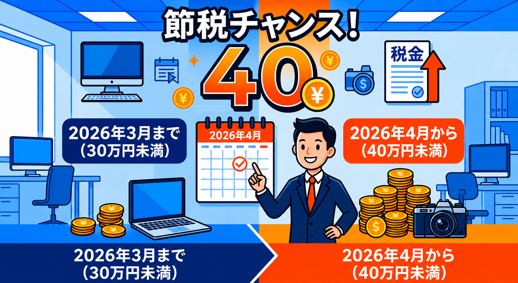 節税チャンス!2026年4月から40万円未満に拡大。2026年3月まで30万円未満と2026年4月から40万円未満の比較を示すカレンダー図解