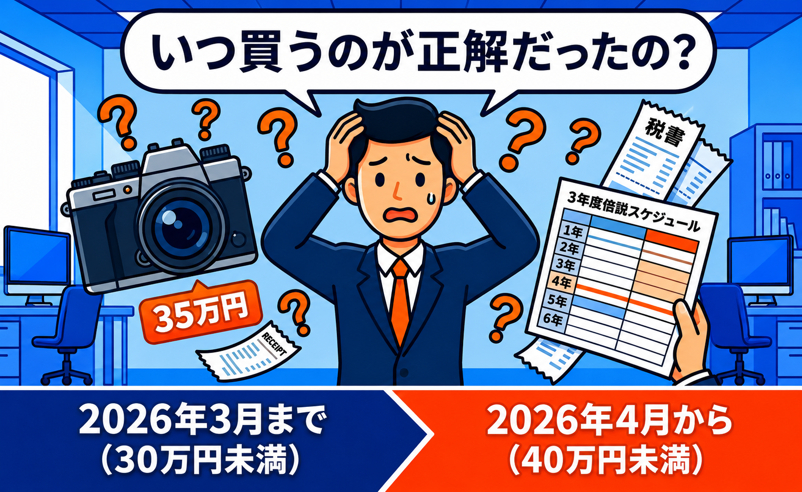 35万円のカメラをいつ買うべきか悩む個人事業主のイメージ。購入タイミングによって税金の扱いが変わることを示す図