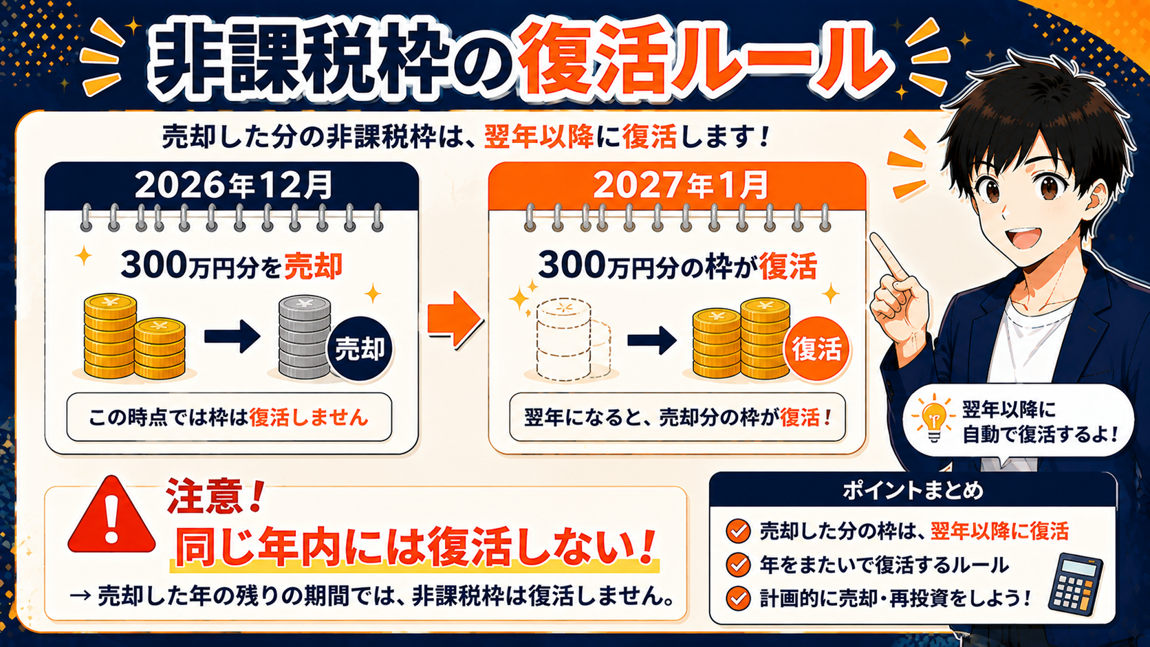 非課税枠の復活ルール：売却した簿価分が翌年1月に復活する